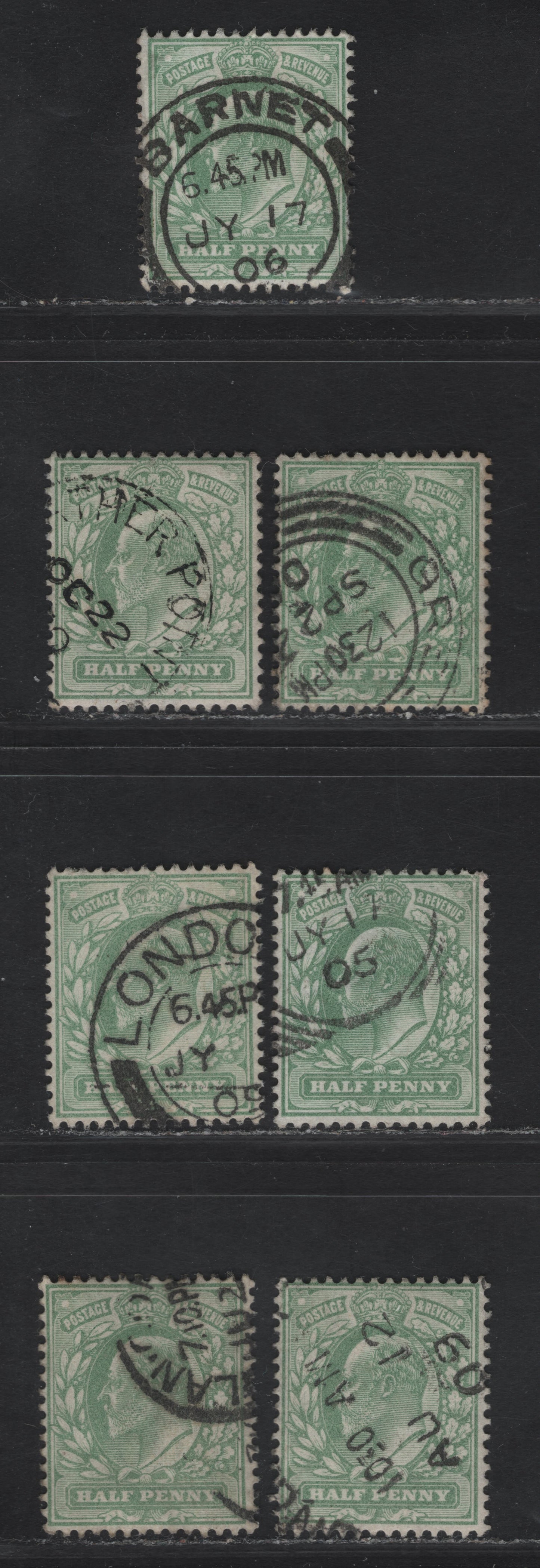Great Britain SC143avar (SG#218var) 1/2d Yellowish Green King Edward VII, 1902-1910 King Edward VII Issue,  Fine/Very Fine Used Singles, Watermark Shifts.