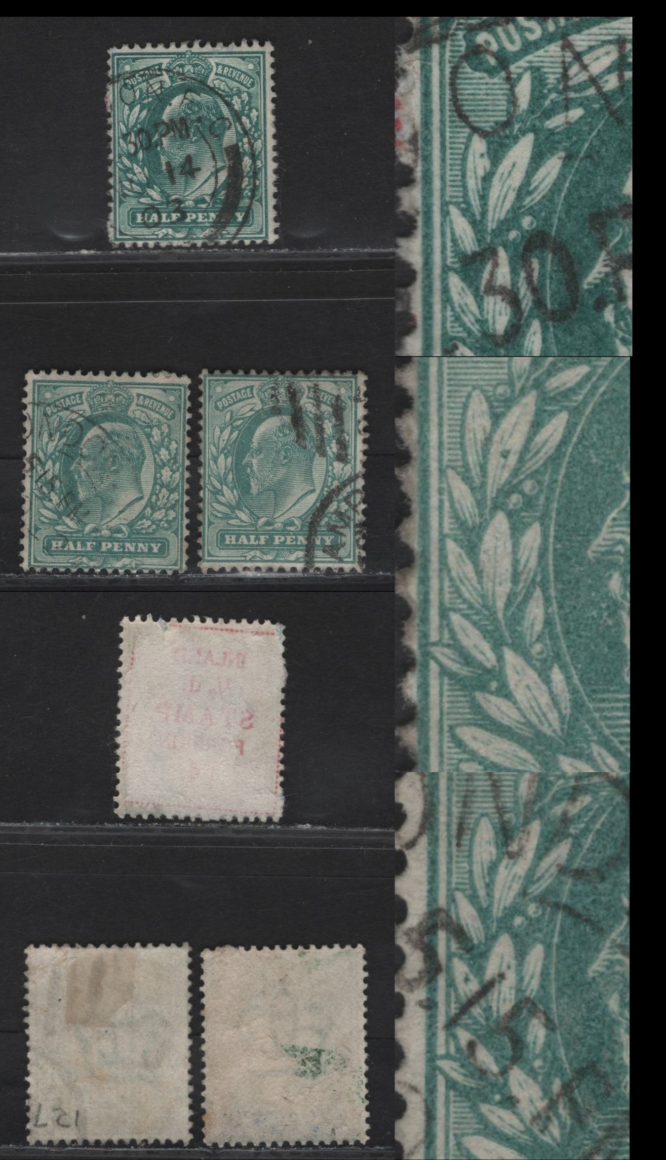 Great Britain SC#127 (SG#216var) 1/2d Dull Blue Green - Deep Blue Green King Edward VII, 1902-1910 King Edward VII Issue, 3 Fine Used Singles, Minor Errant Dot Varieties On Leaves.