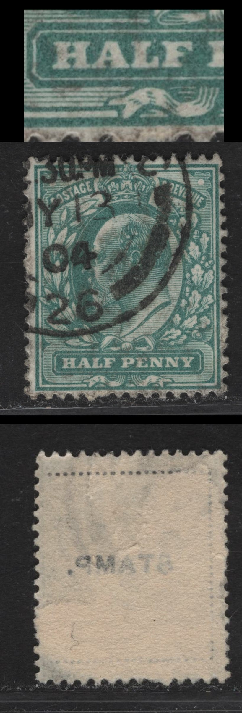 Great Britain SC#127a (SG#216var) 1/2d Blue Green King Edward VII, 1902-1910 King Edward VII Issue, A Fine Used Single, Showing Small Dot Between LF of Half.