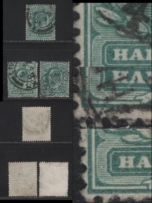 Great Britain SC#127-127a (SG#216var) 1/2d Blue Green - Dull Blue Green King Edward VII, 1902-1910 King Edward VII Issue, 3 Fine/Very Fine Used Singles, Showing Minor Horizontal Shading Breaks.