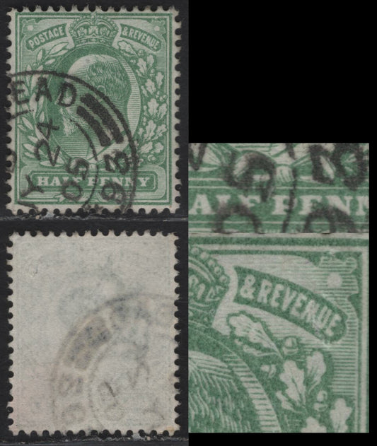 Great Britain SC#143avar (SG#218var) 1/2d Yellowish Green King Edward VII, 1902-1910 King Edward VII Issue, A Very Fine Used Single, Showing 'Shilling Mark' Flaw Between 'Half' & 'Penny' And Damaged 'nue' of "Revenue'.