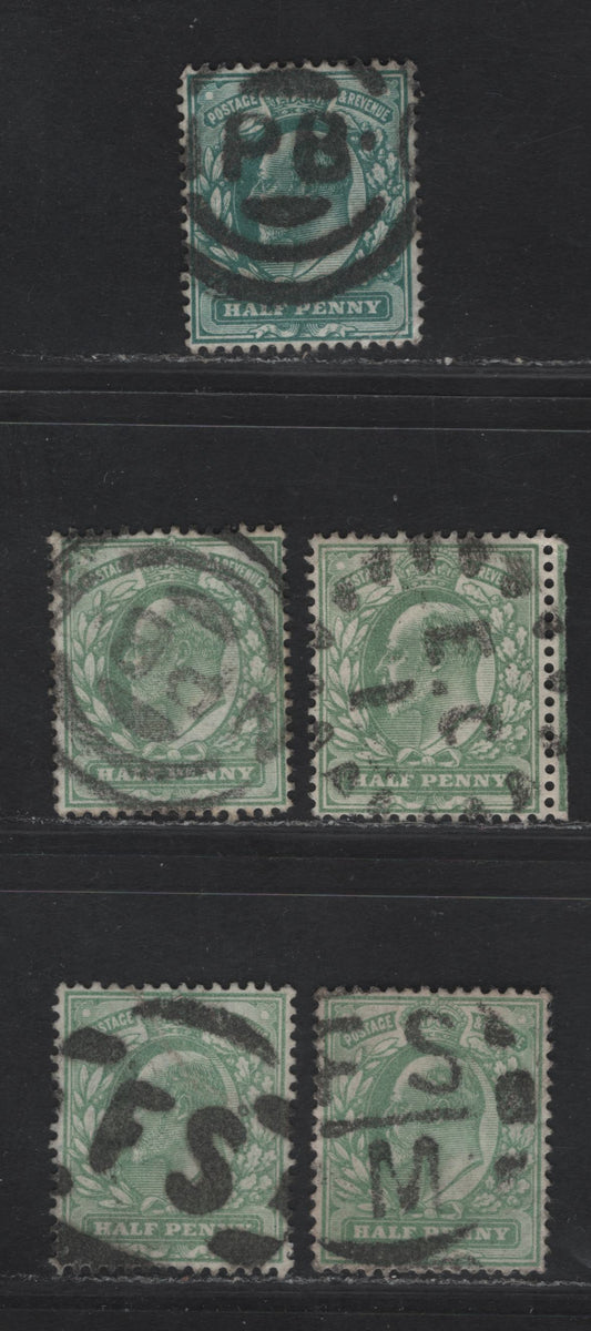 Great Britain SC#127a, 143a (SG#216 (Spec. M1(3)), 218) 1/2d Deep Blue Green - Yellowish Green King Edward VII, 1902-1910 King Edward VII Issue, 4 Fine/Very Fine Used Singles, Foreign Sorting & Periodical Branch London Cancels