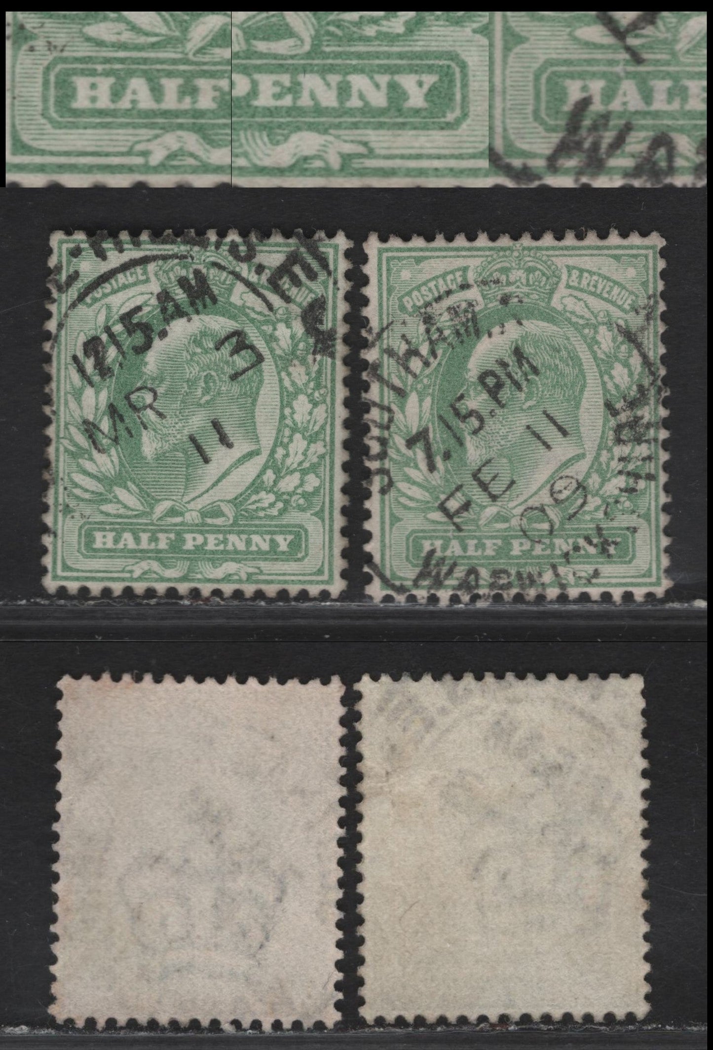Great Britain SC#143-143avar (SG#217, 218var) 1/2d Yellowish Green - Pale Yellowish Green, 1902-1910 King Edward VII Issue, 2 Fine/Very Fine Used Singles, Showing Nicks & Breaks in Value Tablet Frame, Including Break Above 'A' of Half & Dots