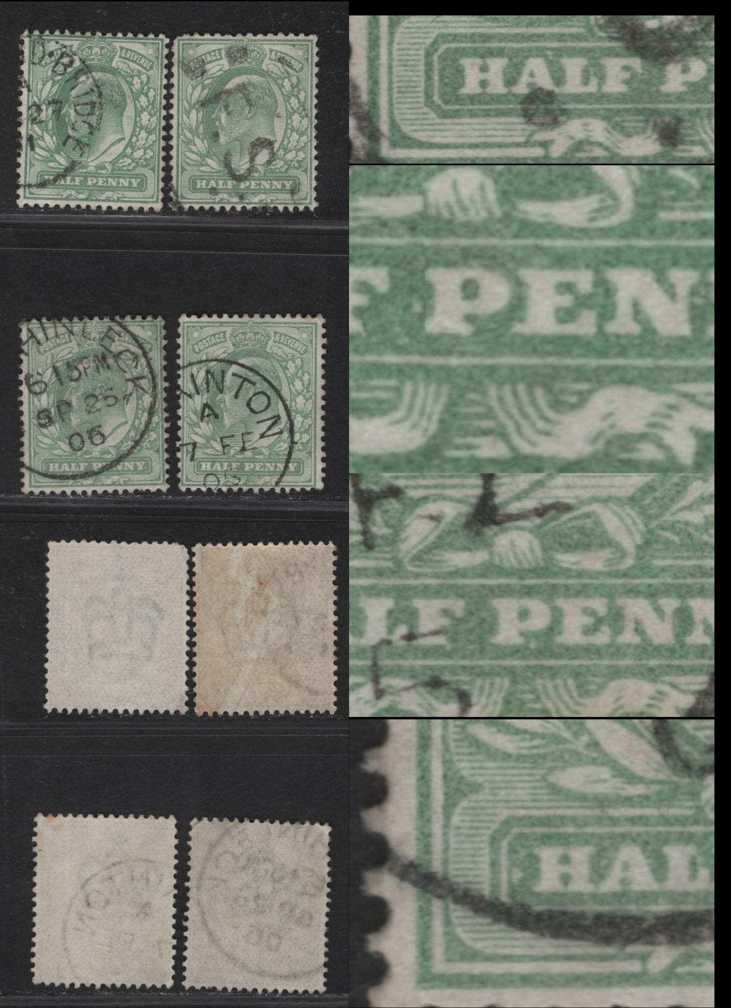 Lot 52 Great Britain SC#143-143avar (SG#217-218)var 1/2d Yellowish Green - Pale Yellowish Green King Edward VII, 1902-1910 King Edward VII Issue,  Fine Used Singles, All Showing White Dots & Blemishes In Solid Value Tablet Panel.