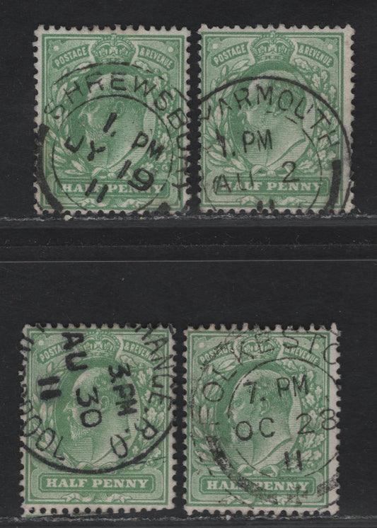 Great Britain SC#127b (SG#268 (Spec. M3(1))) 1/2d Dull Yellow Green King Edward VII, 1902-1910 King Edward VII Issue, 4 Fine Used Singles, Single Line Barrel CDS Cancels.