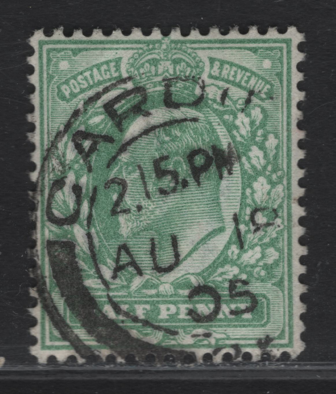 Great Britain SC#143avar (SG#218var) 1/2d Pale Bluish Green King Edward VII, 1902-1910 King Edward VII Issue, A Very Fine Used Single, DLR Printing, Distinct Shade That Is Only Listed On Harrison Printings, August 18 1905, Cardiff CDS Cancel.