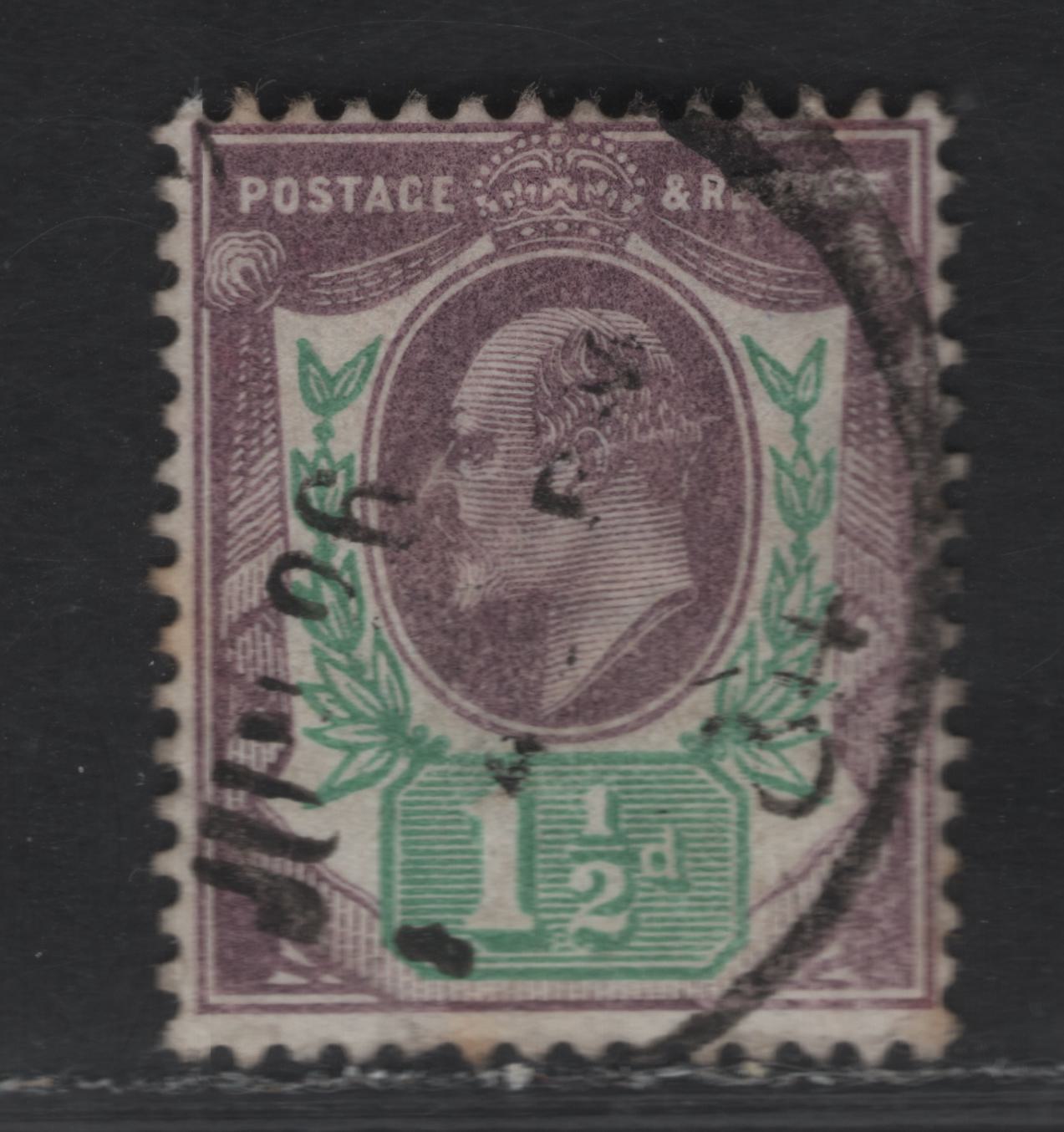 Great Britain SC#129 (SG#221) 1.5d Dull Purple & Green King Edward VII, 1902-1910 King Edward VII Issue, A Fine Used Single, DLR Printing, Wmk Shifted To Upper Left, Light Toning Spot In Left Margin.