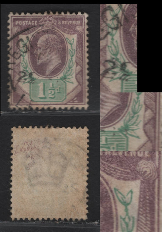 Great Britain SC#129var (SG#221var) 1.5d Dull Purple & Green King Edward VII, 1902-1910 King Edward VII Issue, A Fine Used Single, DLR Printing, Showing Leaves In Complete In Several Spots