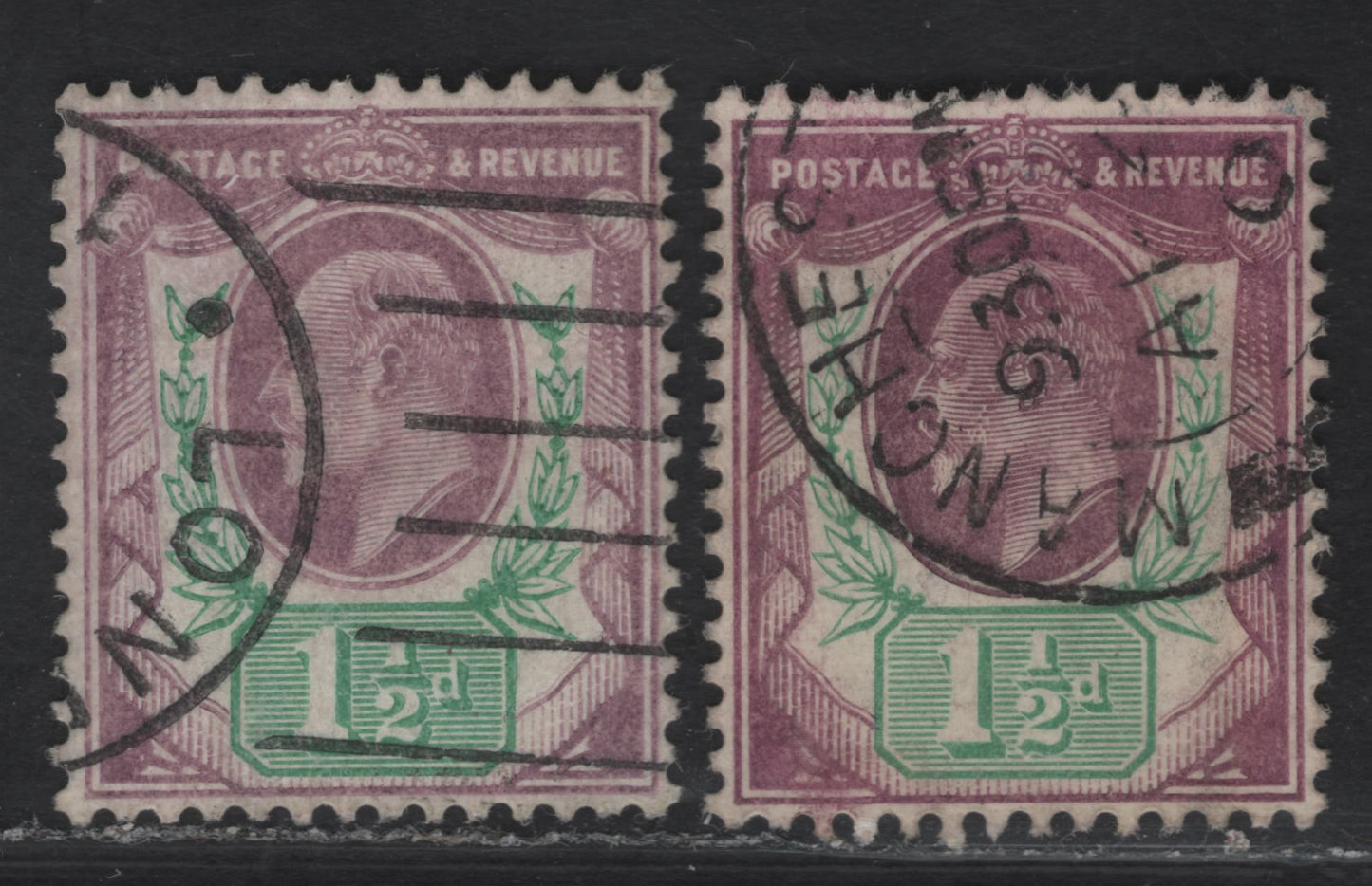 Lot 83 Great Britain SC#129d (SG#223) 1.5d Pale Dull Purple & Green - Pale Reddish Purple & Green King Edward VII, 1902-1910 King Edward VII Issue, 2 Very Fine Used Singles, DLR Printing, Chalk Surfaced Paper