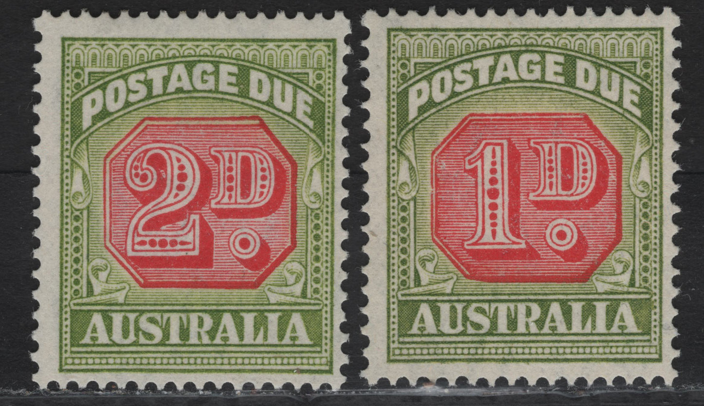 Lot 104 Australia SG#D113-D114 1d - 2d Carmine & Green Numeral, 1938 Lithographed & Engraved Postage Dues, 2 FOG Singles.