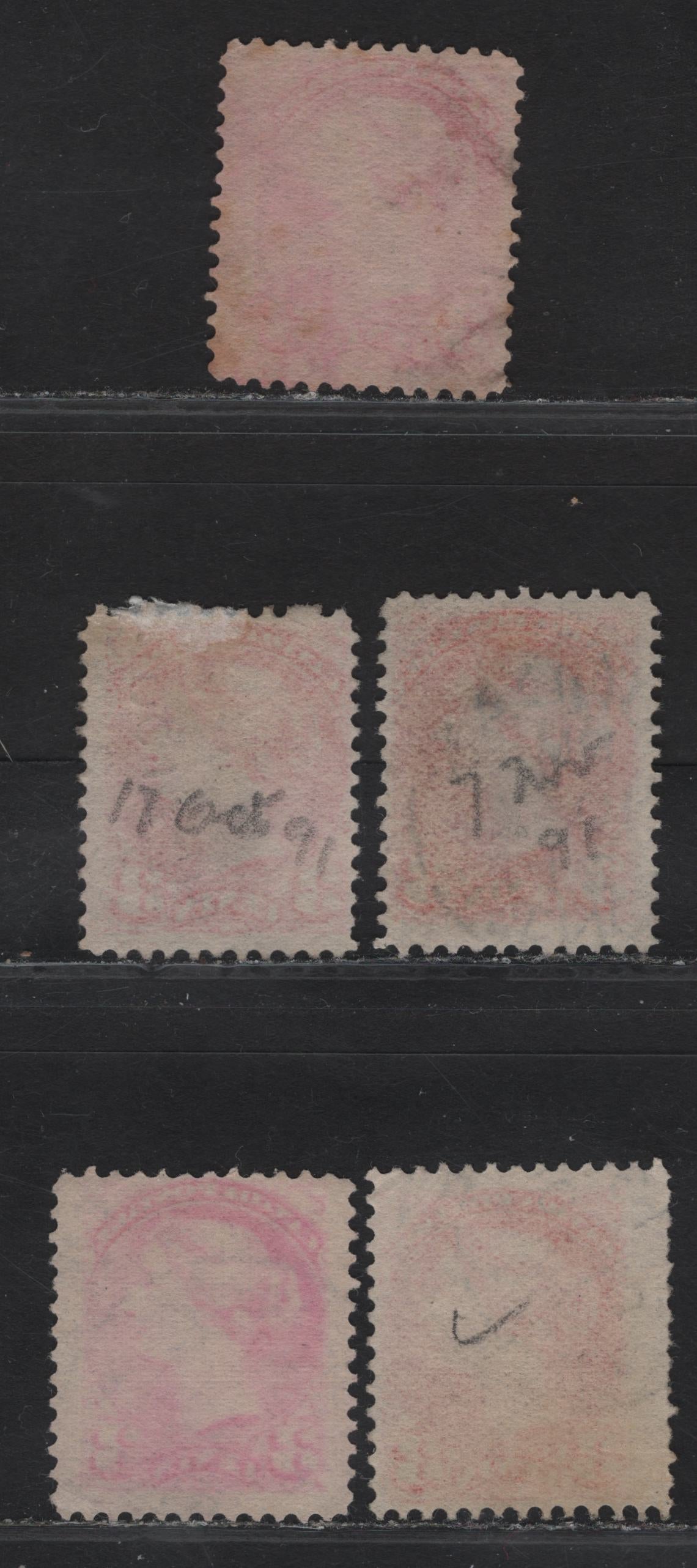 Lot 11 Canada #41 3c Bright Vermillion Queen Victoria, 1888-1897 Small Queen Issue, 5 Fine Used Singles, Second Ottawa Printing, Different Shades, 1891 Dated Cancels, Papers 2O-HH, 2O-II & 2O-KK.