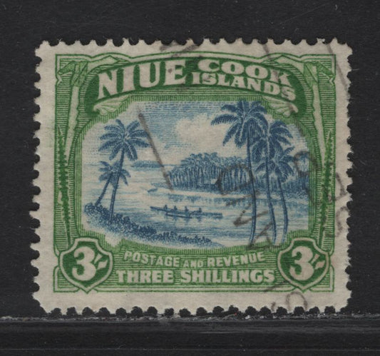 (C) Niue SG#77 3/- Blue & Yellowish Green King George V, 1938 Pictorial Issue, A Very Fine Used Single, Single Star Wmk.