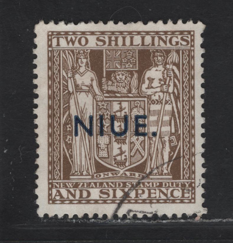 Lot 113 Niue SG#79 2/6 Olive Brown Arms, 1941-1967 Overprinted Postal Fiscal Issue, A Very Fine Used Single, Wiggins Tempe Paper, Single Crown & NZ Wmk.