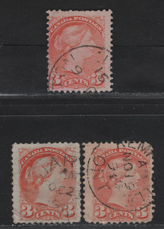 Lot 12 Canada #41 3c Bright Orange - Dull Vermillion Queen Victoria, 1888-1897 Small Queen Issue, 3 Good/Very Good Used Singles, Early Second Ottawa Printings, Three Unusual Shades, Perfs 12 & 11.9x12.1, Papers 2O-I, 2O-L & 2O-II.
