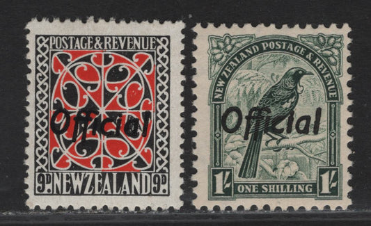 Lot 124 New Zealand SG#O130, O131b 9d - 1/- Scarlet & Black - Deep Green Maori Panel - Parson Bird, 1936-1961 Official Overprinted Pictorial Issue, 2 FOG Singles, Chalky Paper, Perfs 14x15 & 12.5.
