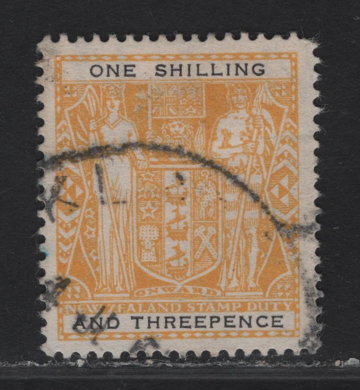 (C) New Zealand SG#F192aw 1/3 Yellow & Black Arms, 1940-1958 Postal Fiscal Issue, A Very Fine Used Single, Upright Multiple Star & NZ Wmk.
