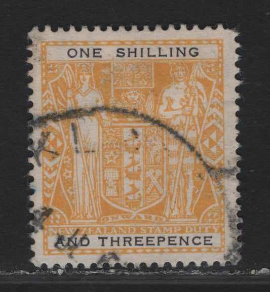 (C) New Zealand SG#F192aw 1/3 Yellow & Black Arms, 1940-1958 Postal Fiscal Issue, A Very Fine Used Single, Upright Multiple Star & NZ Wmk.