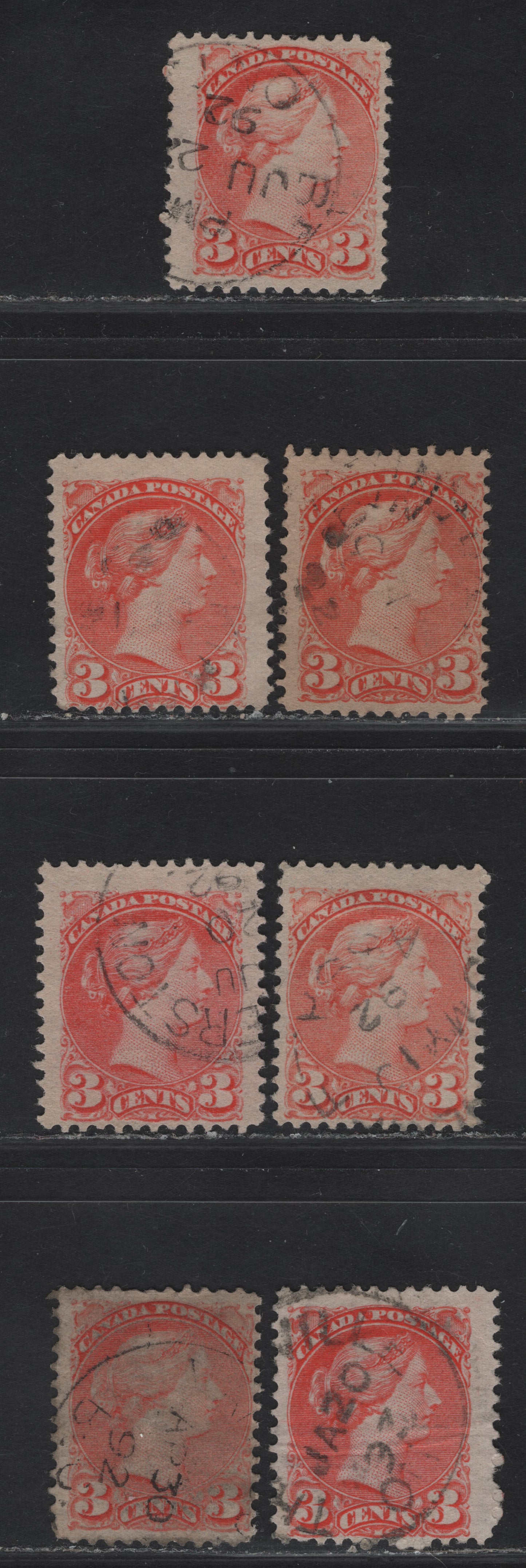 Lot 15 Canada #41 3c Pale Orange Vermillion - Bright Orange Queen Victoria, 1888-1897 Small Queen Issue, 7 Fine Used Singles, 1892 Dated Examples On Various Papers