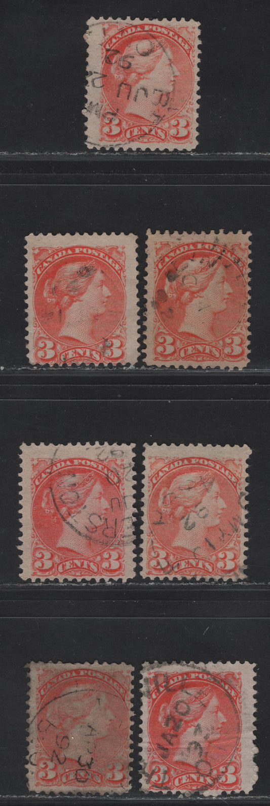 Lot 15 Canada #41 3c Pale Orange Vermillion - Bright Orange Queen Victoria, 1888-1897 Small Queen Issue, 7 Fine Used Singles, 1892 Dated Examples On Various Papers