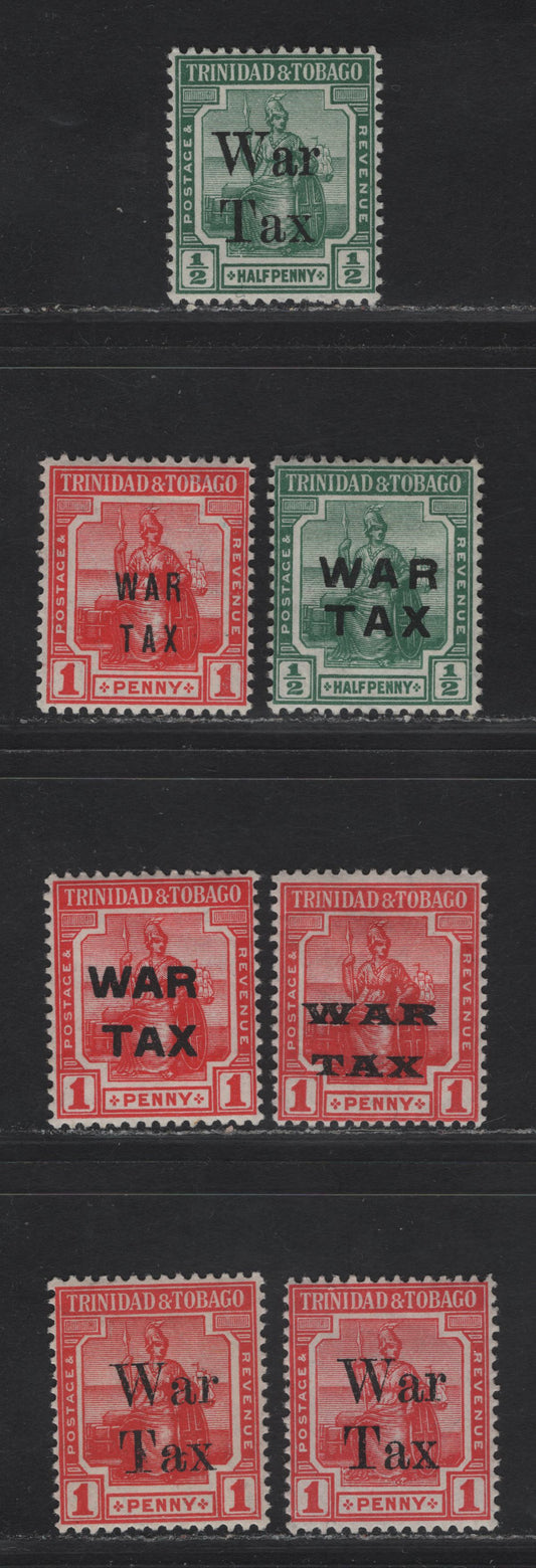 Trinidad & Tobago SG#182-193, 185-186, 187-188b 1d Red - Rose Red Seated Britannia, 1917-1918 War Tax Overprinted Issue, 7 F/VFOG Singles , ,