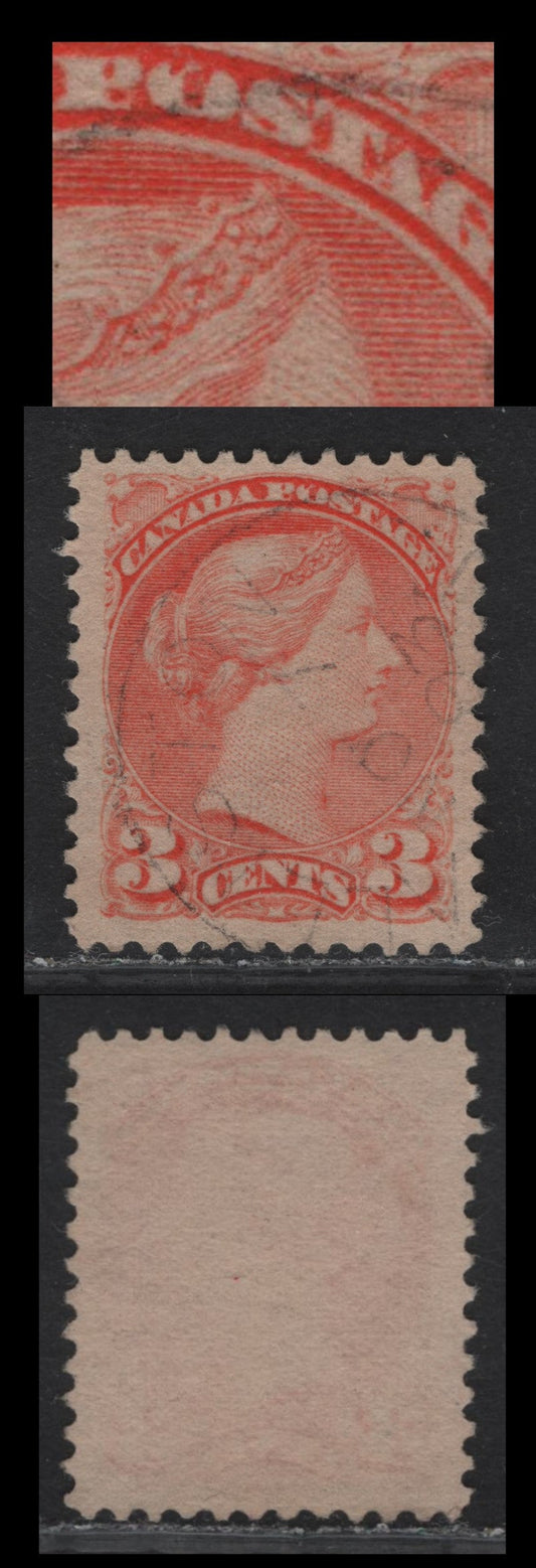 Lot 16 Canada #41var 3c Pale Bright Reddish Orange Queen Victoria, 1888-1897 Small Queen Issue, A Very Fine Used Single, Early Second Ottawa Printing, Paper 2O-E, Perf 12, Showing 2 Dots On 'O' Of Postage.