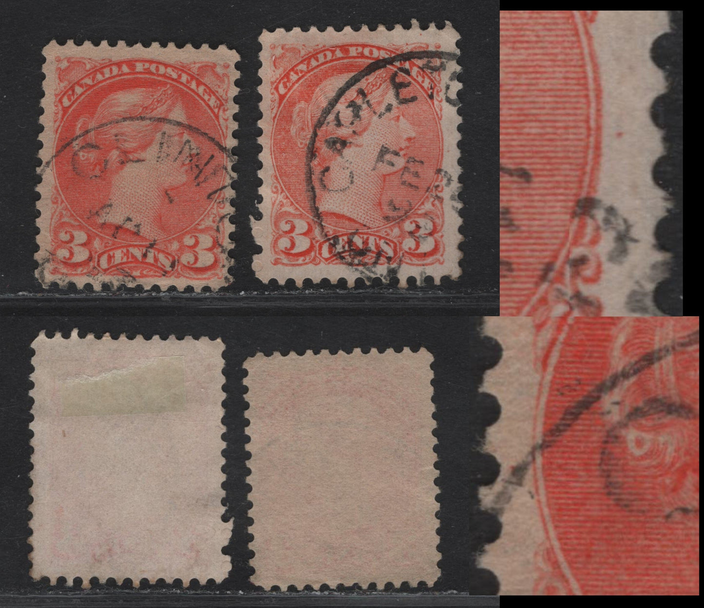 Lot 17 Canada #41var 3c Light Bright Orange Vermillion & Orange Red, 1888-1897 Small Queen Issue, 2 Very Fine Used Singles, Early Second Ottawa Printing, Papers 2O-E & 2O-JJ, Medallion Dots At 3 & 9 O'Clock, Very Seldon Seen On Small Queens.