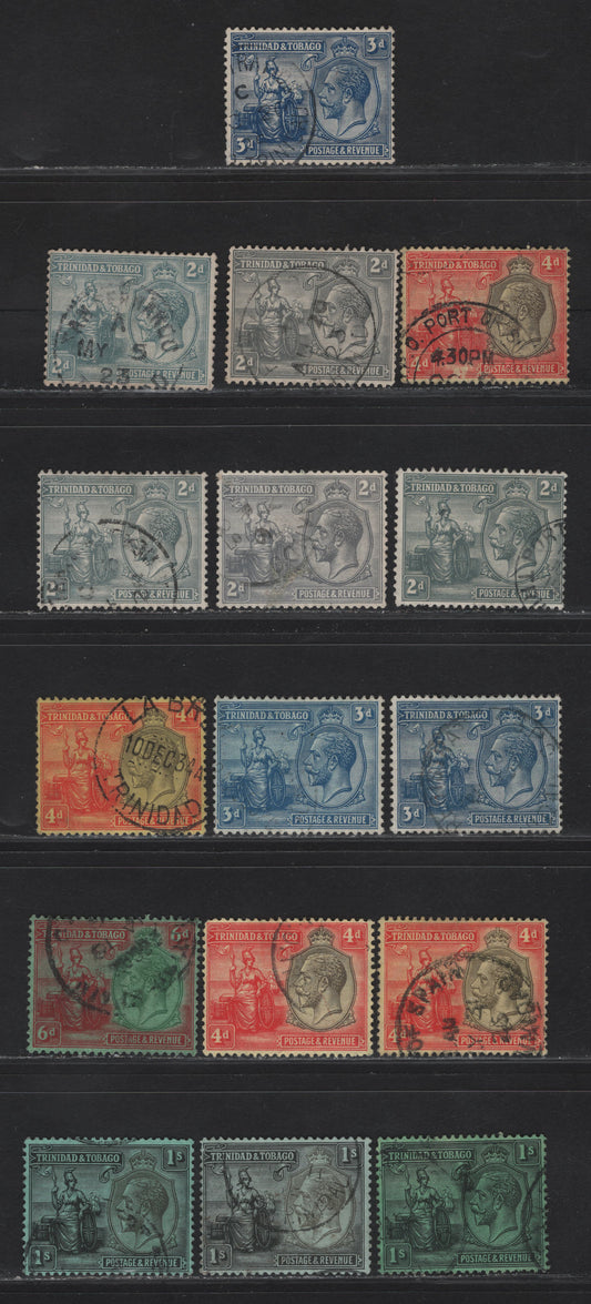 Trinidad & Tobago SG#222-224, 226-227 2d - 1/- Gray - Black on Green King George V, 1922-1928 KGV Britannia Keyplates Issue, 5 Fine/Very Fine Used Singles, Multitude Of Shade Variations, None Of Which Are Listed In Gibbons