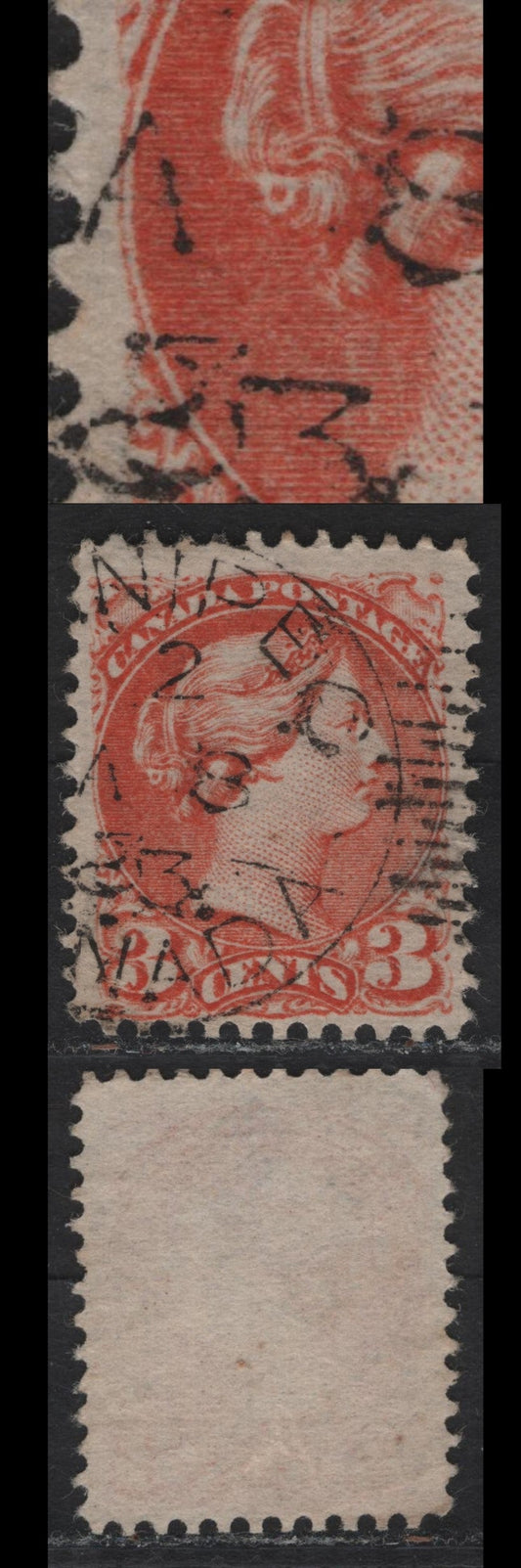 Lot 18 Canada #41 3c Dull Reddish Orange Queen Victoria, 1888-1897 Small Queen Issue, A Fine Used Single, Early Second Ottawa Printing, Paper 2O-N, Scarce Medallion Dot At 9 O'Clock, Perf 12.