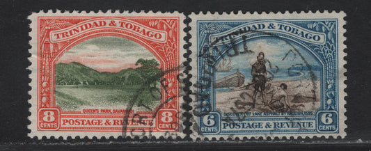 Trinidad & Tobago SG#233a, 234 6c - 8c Sepia & Blue - Orange & Sage Green Discovery of Lake Asphalt - Queen's Park Savannah, 1935-1936 Pictorial Issue, 2 Very Fine Used Singles, Line Perf 12 & Comb Perf 12.5