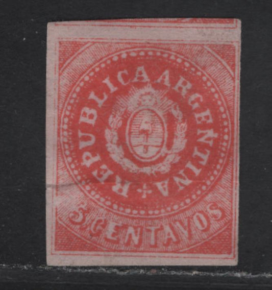 Lot 204 Argentina SG#7h 5c Rose Red Seal of Republic, 1864 Seal of Republic Issue, A Fine Unused Single, There are Some Light Internal Paper Wrinkles That Can Be Pressed Out, This Has The Narrow 'C' in Centevos & No Accent On The U