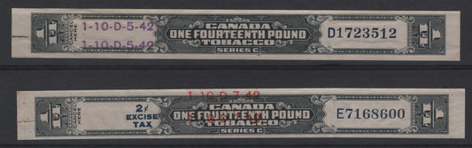 Lot 21 Canada #1/14 1b Green Numeral & Meter,  Tobacco Revenue With 2c Excise Tax Overprint, 2 Very Fine Used Singles, Usual Usage Creases & Manybe Small Tears At The Edges, Unlisted In Van Dam.