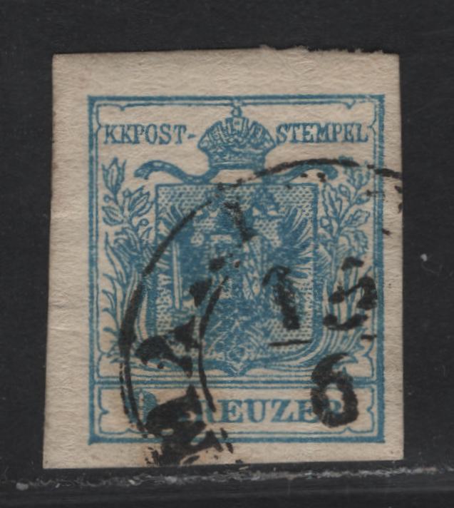 Austria SC#5e 9kr Blue Arms, 1850 Coat of Arms Issue, A Very Fine Used Imperf Single, Thick Machine Made Paper, Type III