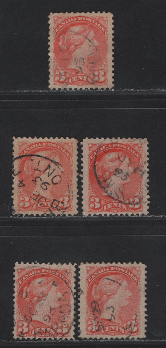 Lot 22 Canada #41var 3c Pale Orange Vermillion - Orange Vermillion Queen Victoria, 1888-1897 Small Queen Issue, 5 Very Fine Used SIngles, Papers 2O-Y, 2O-II & 2O-E, 1893 Dated Examples