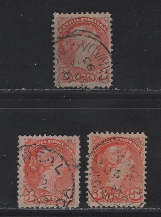 Lot 23 Canada #41 3c Lighter Vermillion - Pale Red Orange Queen Victoria, 1888-1897 Small Queen Issue, 3 Very Fine Used SIngles, Early Second Ottawa Printing, Papers 2O-E & The Very Scarce 2O-KK, 1893 Dated CDS Cancels.