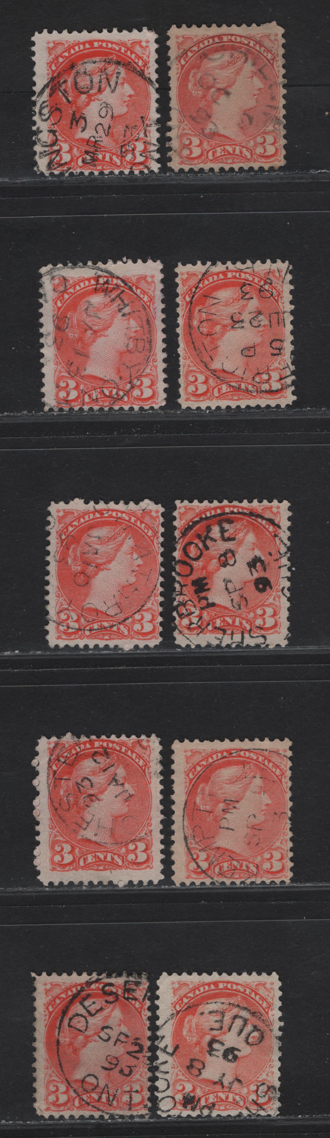 Lot 24 Canada #41 3c Orange Vermillion - Dull Vermillion Queen Victoria, 1888-1897 Small Queen Issue, 10 Fine Used SIngles, Early Second Ottawa Printing, Mostly 2O-E, All With Different 1893 Dated Town Cancels.