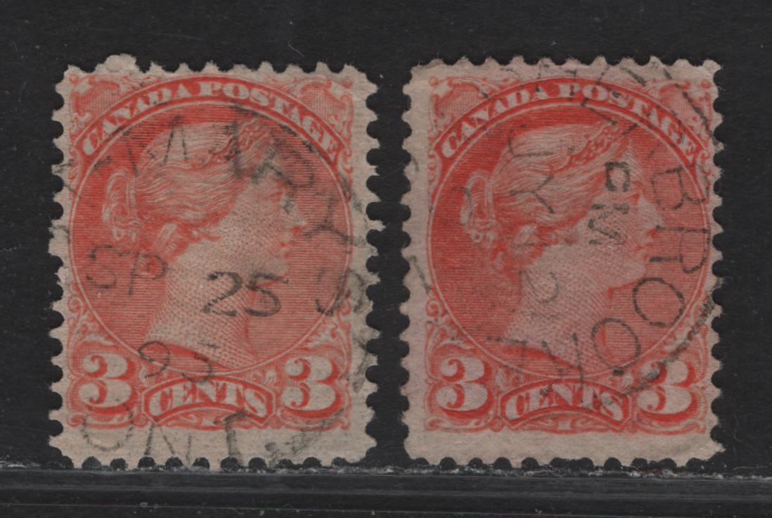 Lot 25 Canada #41 3c Pale Orange Vermillion - Orange Vermillion Queen Victoria, 1888-1897 Small Queen Issue, 2 Fine Used SIngles, Early Second Ottawa Printing, Papers 2O-BB & 2O-HH, Set 25 1895 & July 2 1893 Cancels.