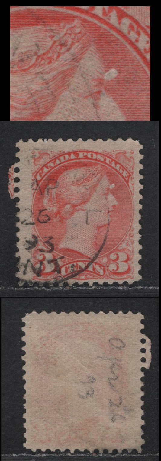Lot 26 Canada #41 3c Pale Orange Vermillion Queen Victoria, 1888-1897 Small Queen Issue, A Fine Used Single, Early Second Ottawa Printing, Paper 2O-N, Perf 12, Showing Large White Flaw Near Queen's Forehead.