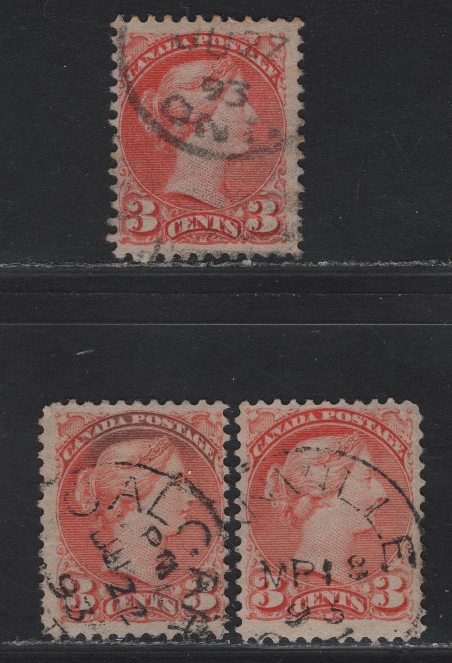 Lot 27 Canada #41 3c Deep Orange Vermillion - Bright Orange Vermillion Queen Victoria, 1888-1897 Small Queen Issue, 3 Fine Used Singles, Papers 2O-E & 2O-II, 1893 Dated Examples