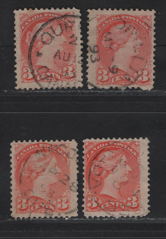Lot 29 Canada #41 3c Pale Vermillion - Pale Orange Vermillion Queen Victoria, 1888-1897 Small Queen Issue, 4 Fine Used Singles, Early Second Ottawa Printings, Papers 2O-E & 2O-KK, Different Shades From The Other Lots Offered, All Dated With 1893 Dates.