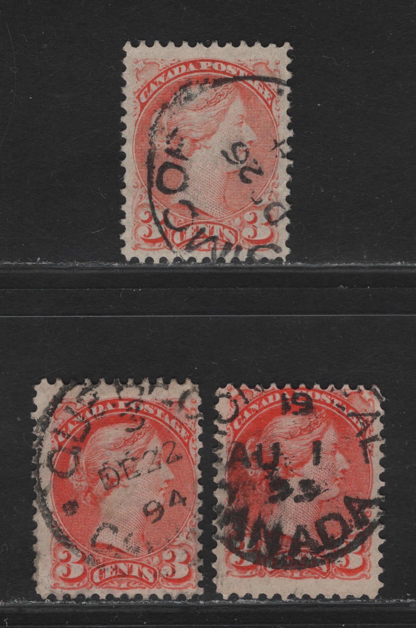 Lot 31 Canada #41 3c Orange Vermillion - Red Orange Queen Victoria, 1888-1897 Small Queen Issue, 3 Fine/Very Fine Used Singles, Mid Second Ottawa Printings, Vertical Wove Papers 2O-G, 2O-F & 2O-O