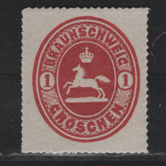 Lot 327 Brunswick SC#24 1gr Carmine Arms, 1865 Rouletted Embossed Arms Issue, A VFNH Single