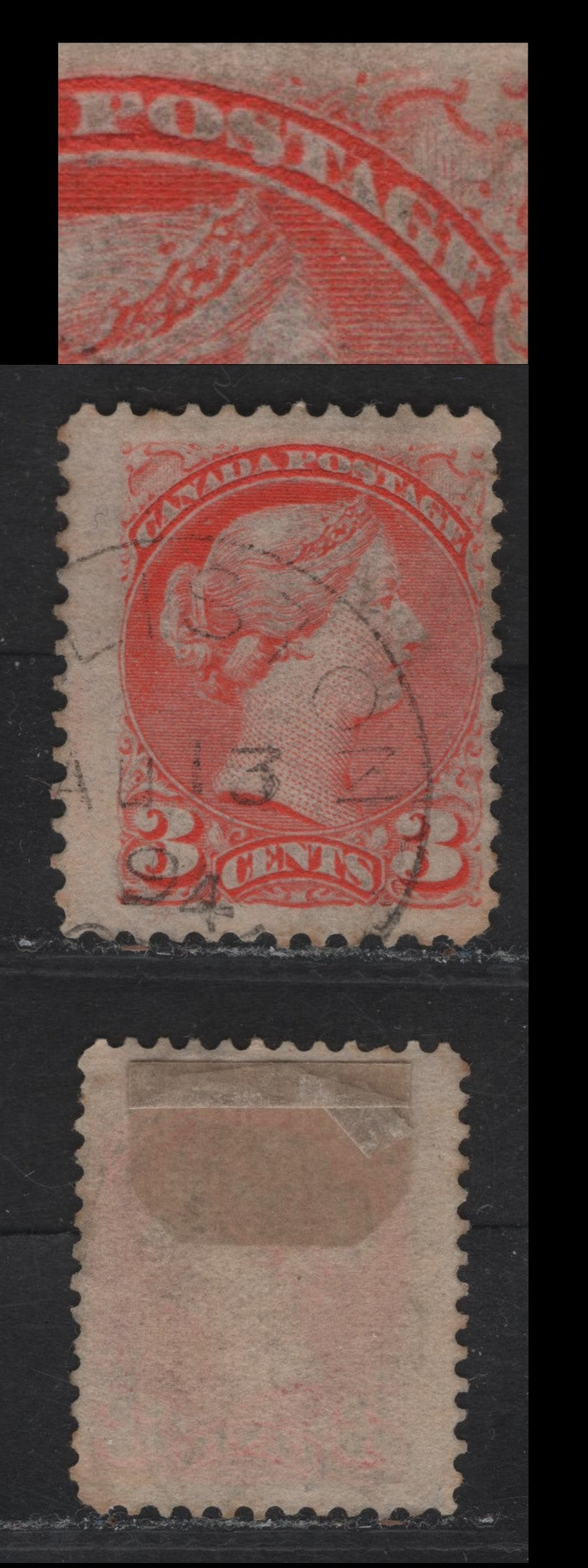 Lot 34 Canada #41 3c Bright Orange Vermillion Queen Victoria, 1888-1897 Small Queen Issue, A Fine Used Single, Mid Second Ottawa Printing, Paper 2O-E, Perf 12, Showing Deformed 'S' in 'Postage'.