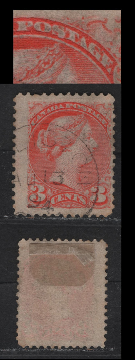 Lot 34 Canada #41 3c Bright Orange Vermillion Queen Victoria, 1888-1897 Small Queen Issue, A Fine Used Single, Mid Second Ottawa Printing, Paper 2O-E, Perf 12, Showing Deformed 'S' in 'Postage'.