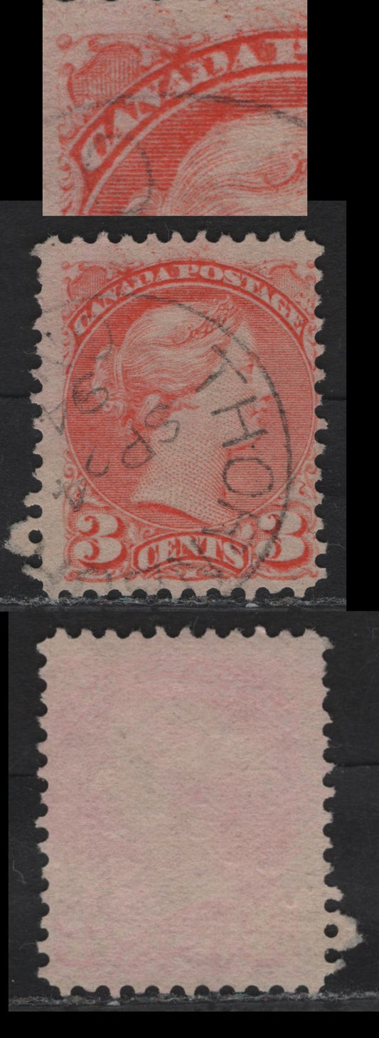 Lot 35 Canada #41var 3c Pale Bright Orange Queen Victoria, 1888-1897 Small Queen Issue, A Fine Used Single, Mid Second Ottawa Printing, Paper 2O-HH, Showing Markings In 'ADA' Of Canada & Must In Top Center Margin.