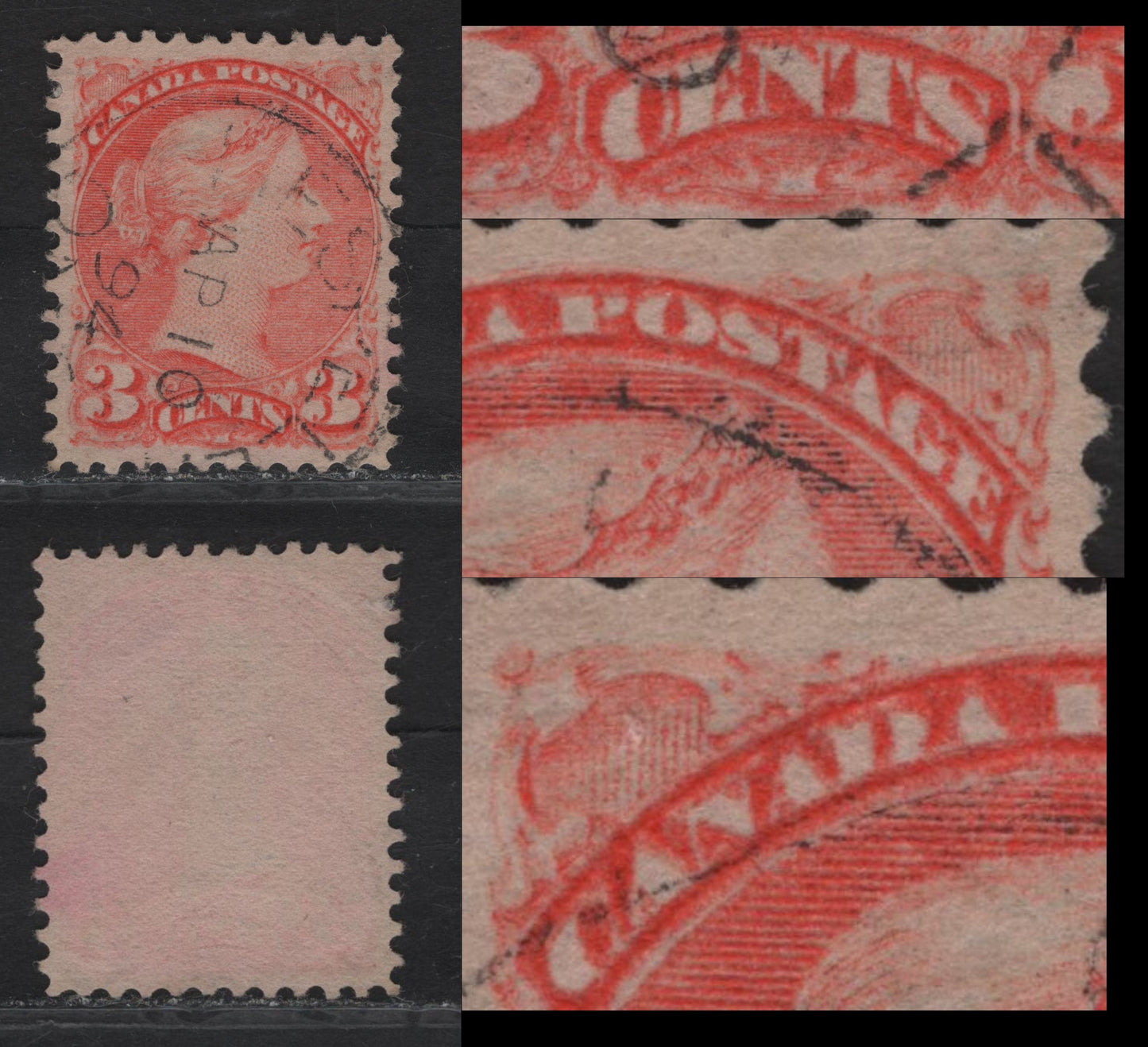 Lot 37 Canada #41 3c Pale Vermillion Queen Victoria, 1888-1897 Small Queen Issue, A Very Fine Used Single, Mid Second Ottawa Printing, Paper 2O-II, Perf 12, Showing Extensive Slip Print.