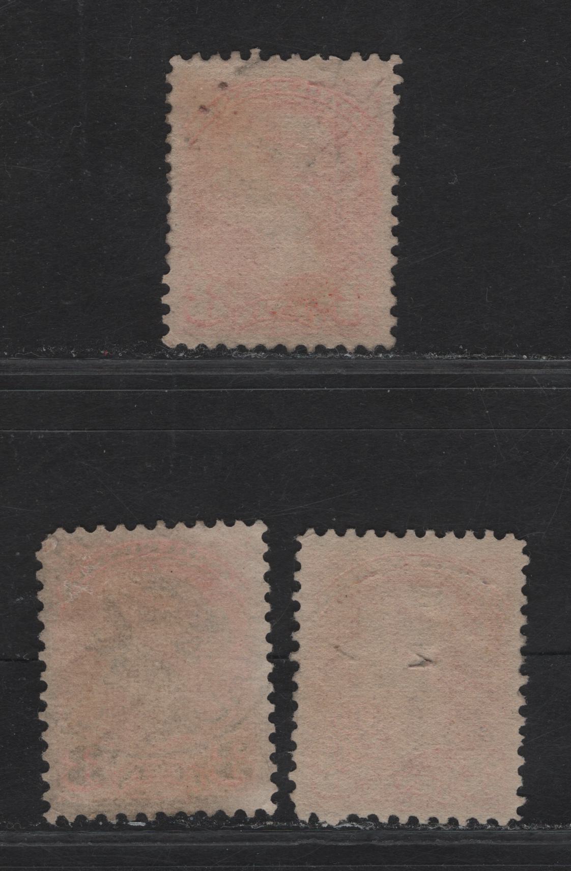 Lot 38 Canada #41 3c Dull Vermillion - Bright Orange Vermillion Queen Victoria, 1888-1897 Small Queen Issue, 3 Very Fine Used SIngles, 3 Different Shades, All Dated 1894, Paper 2O-LL, A Very Scarce Paper.