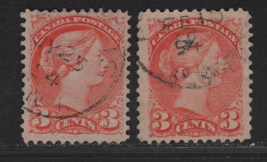 Lot 39 Canada #41 3c Bright Orange Vermillion - Bright Vermillion Queen Victoria, 1888-1897 Small Queen Issue, 2 Very Fine Used Singles, Mid Second Ottawa Printings, Papers 2O-E & Scarcer 2O-KK