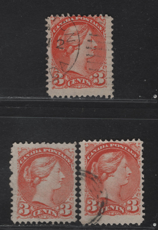 Lot 4 Canada #37 3c Orange Red - Pale Orange Red Queen Victoria, 1888-1897 Small Queen Issue, 3 Fine Used Singles, Mid Montreal Pre-1880 Printings, Papers MM-F & MM-M, Pos. Dots At LL, Perfs 12.1x12 & 12.