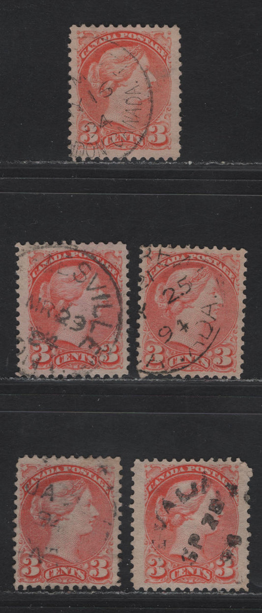 Lot 41 Canada #41 3c Dull Vermillion - Bright Vermillion Queen Victoria, 1888-1897 Small Queen Issue, 5 Very Fine Used Singles, Mid Second Ottawa Printings, Papers 2O-E & 2O-KK, Different Shades, All Dated 1894.