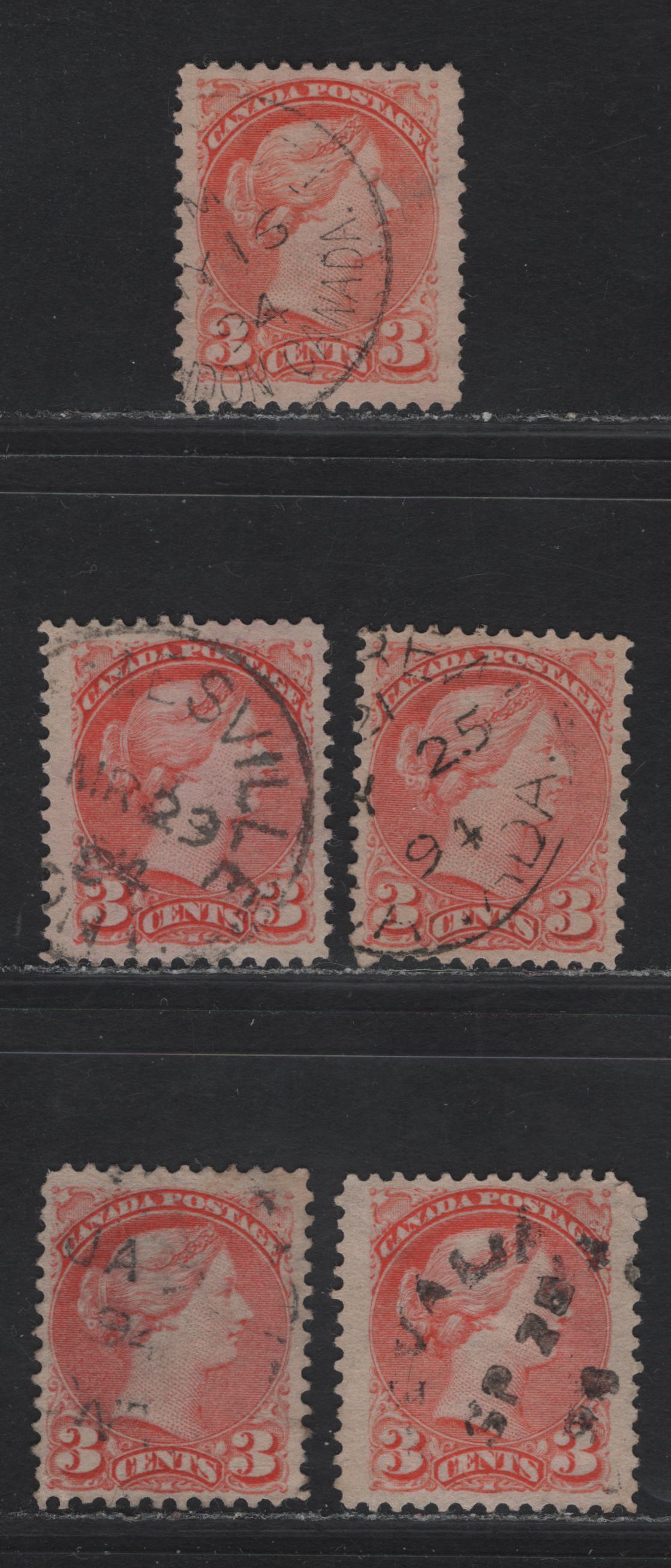 Canada #41 3c Dull Vermillion - Bright Vermillion Queen Victoria, 1888-1897 Small Queen Issue, 5 Very Fine Used Singles, Mid Second Ottawa Printings, Papers 2O-E & 2O-KK, Different Shades, All Dated 1894.